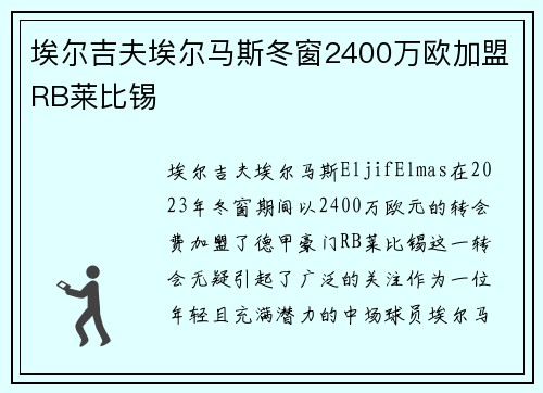 埃尔吉夫埃尔马斯冬窗2400万欧加盟RB莱比锡